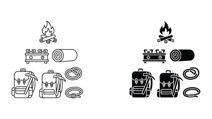 Vector camping icons set with tent, backpack, stove, and fire illustrations © svgcom11