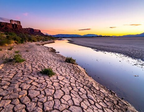Dry cracked earth landscape at sunset.