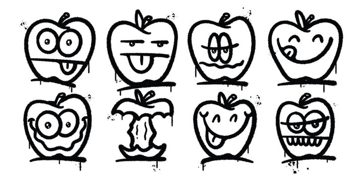 Set of graffiti spray Expressive Apple Collection with Cute Cartoon Faces vector illustration