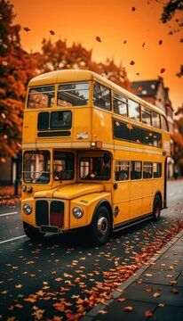 Vintage Yellow Double-Decker Bus on Autumn Street