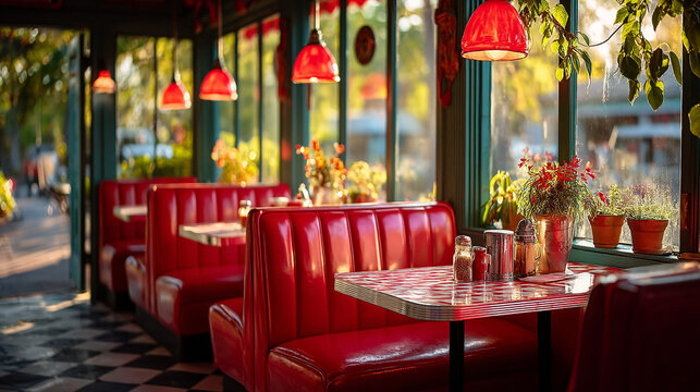 Empty restaurant interior with red booth seats and warm hanging pendant lights