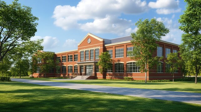 Exterior view of a brick building with green lawn, trees, and bl