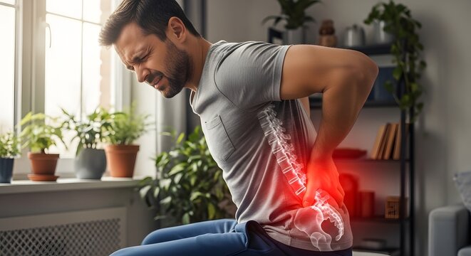 Lower back pain and spinal disc herniation. Posture correction and orthopedic healthcare. Man sitting at home holding aching lumbar spine with glowing red skeletal anatomy