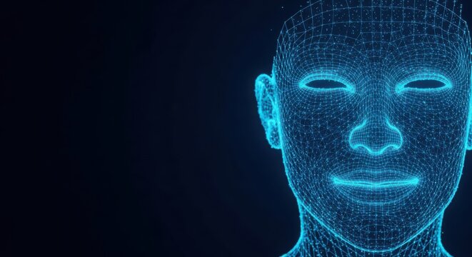 a blue pixelated face with glowing lines illustration