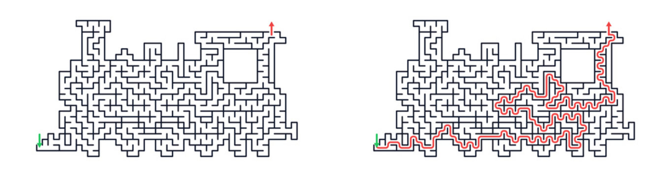 Steam train shaped maze puzzle with solution for kids educational activity game