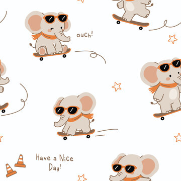 Cute Elephant Skateboard Seamless Pattern