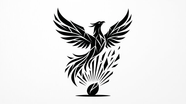 Phoenix bird rises from a small seed in a stylized black and white graphic design that symbolizes rebirth and growth.