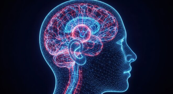 a human head with a visible brain and a black background illustration