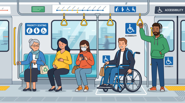 Diverse group of passengers on a public transport subway or train, highlighting accessibility and priority seating features in a modern urban commute setting