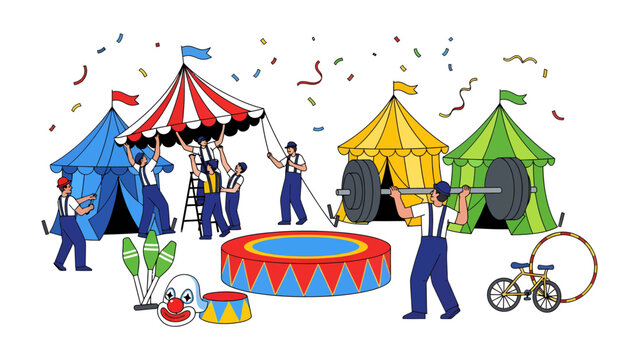 Circus Setup and Spectacle: An illustrated scene of a vibrant circus in preparation, featuring colorful tents, performers setting up equipment, a strongman lifting weights, juggling pins, a unicycle.