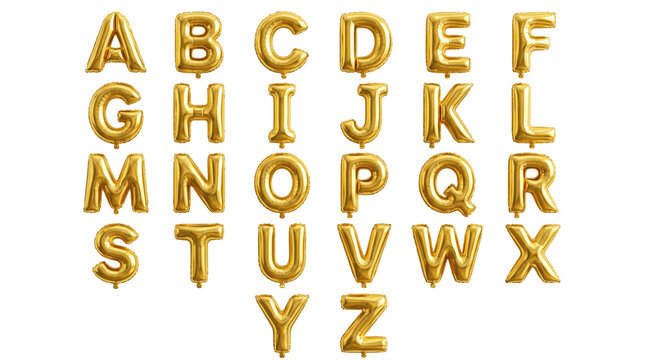 Golden alphabet balloons set, shiny letters, nobody, white background