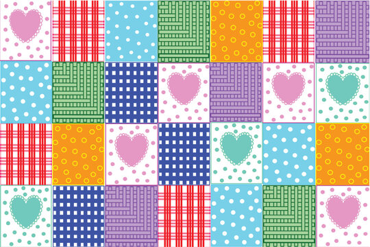 Colorful Patchwork Heart Quilt Seamless pattern Background Bright and cheerful patchwork quilt pattern featuring colorful fabric squares with hearts