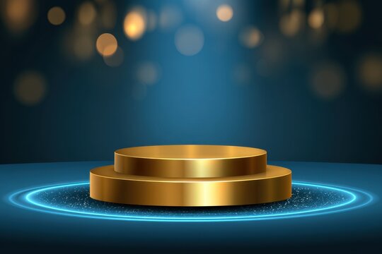 Golden Podium with Blue Glow: An empty golden podium stands majestically on a dark blue stage, illuminated by a vibrant blue glowing ring and soft, out-of-focus bokeh lights above.