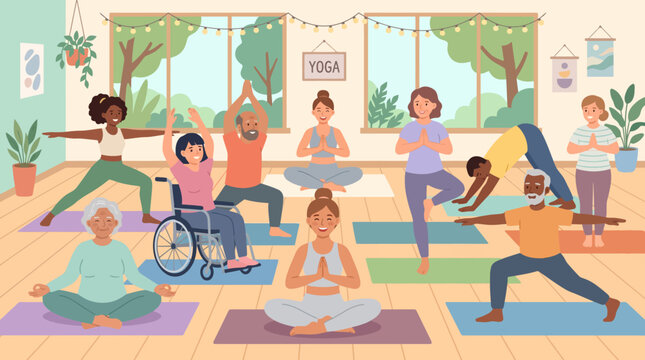 Inclusive yoga class with a diverse community, featuring people of various ages and abilities engaging in mindful poses in a serene studio setting, promoting wellness and harmony