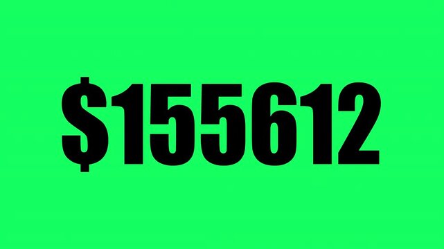 Rapid money counter animation ticking up to one million dollars. High-contrast financial typography graphic on a green screen background for digital content and business editing.