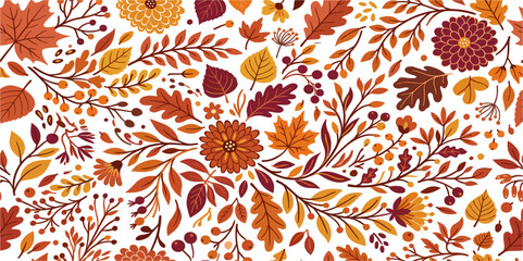 Seamless Autumn Floral Pattern with Maple Leaves and Fall Flowers for Thanksgiving Backgrounds Seasonal Textiles Wrapping Paper and Harvest Celebration Designs © Md Monjurul
