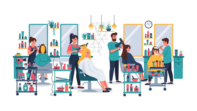 Hairstyling Salon: A busy hair salon buzzing with activity as stylists attend to clients, offering a glimpse into the world of personal grooming and transformation. From blowouts to cuts.