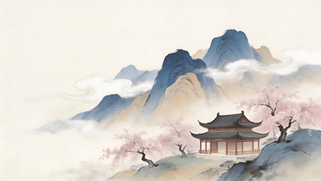 Traditional Asian landscape with pavilion