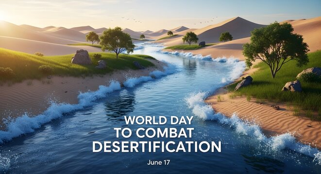 Desert oasis with flowing river and text world day to combat desertification