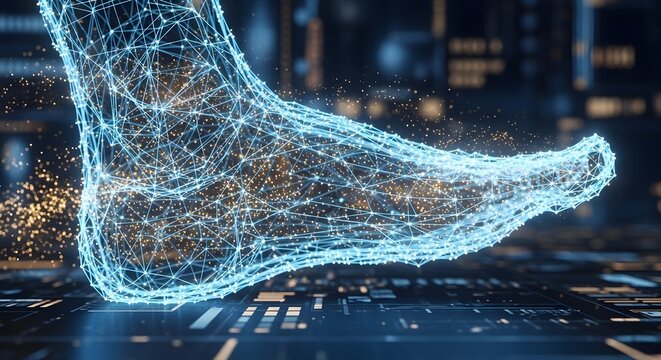 Digital wireframe of a human foot with data points. Biomechanics and orthotic technology. Glowing blue network mesh of a foot for medical scanning or podiatry