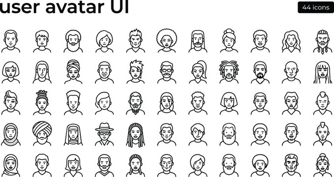 User Avatar UI Icon Set With Outline Diverse Character Profile Portraits For Web App Interface Design