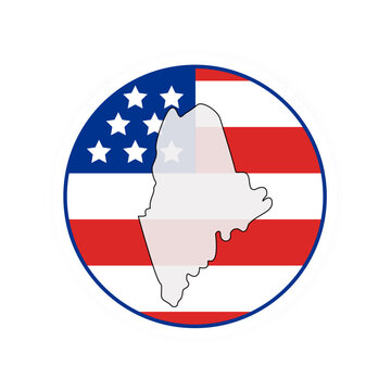Maine state map over USA flag badge. Maine state map silhouette overlaid with the United States flag.