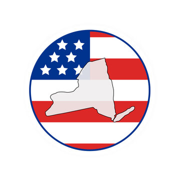 New York state map over USA flag badge. New York state map silhouette overlaid with the United States flag.