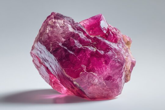 Raw pink ruby crystal gemstone specimen natural unpolished mineral rock on white backdrop.