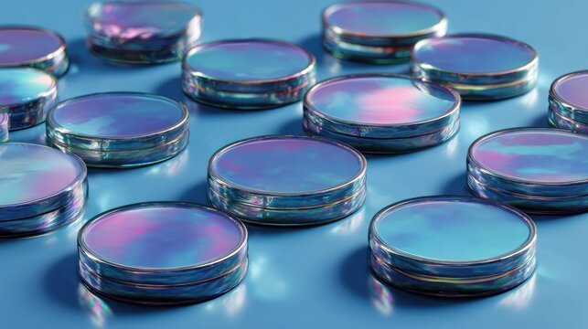 Multiple circular iridescent objects rest on a smooth blue surface in a scattered arrangement