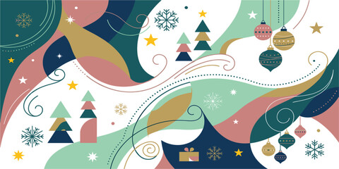 Abstract Christmas Vector Background with Geometric Trees Ornaments and Snowflakes for Modern Holiday Greetings Festive Web Banners and Seasonal Party Invitations © Md Monjurul