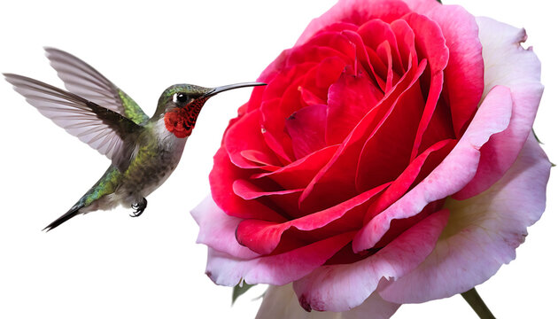 Hummingbird hovering near rose flower cut out isolated on white background PNG. AI GENERATED.
