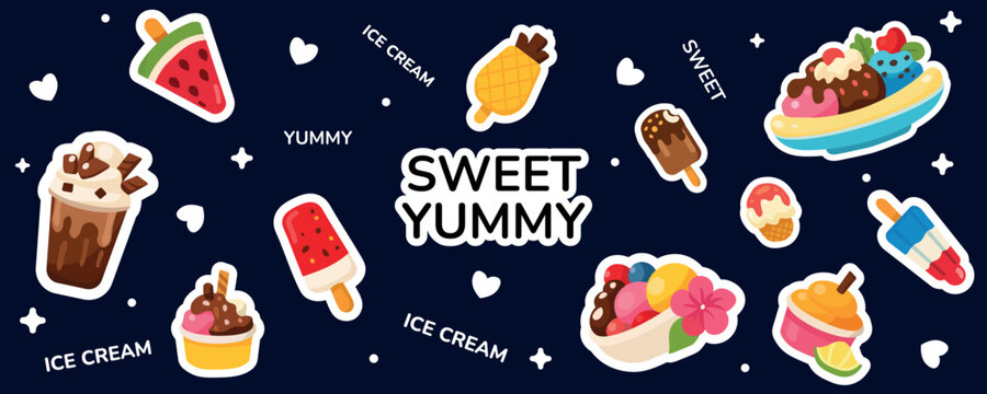 Sweet summer ice cream and frozen desserts stickers collection. Cute set of popsicles, sundaes, fruit sorbet, and chocolate milkshakes. Flat vector illustration isolated on dark blue background.