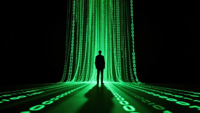 Silhouette of person surrounded by green binary code
