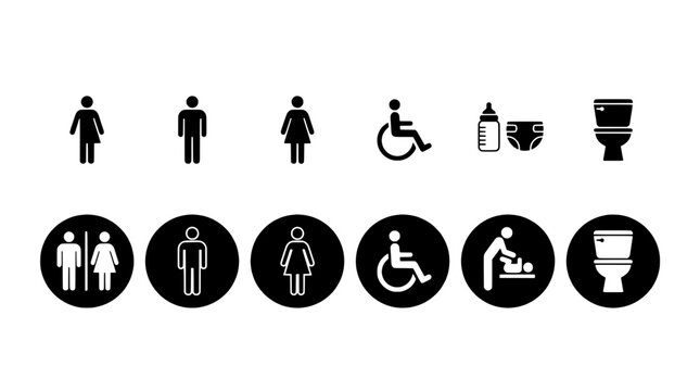 Icons bathroom set with gender symbols and accessibility signs featuring male, female, toilet with urinal and baby elements for changing, wheelchair