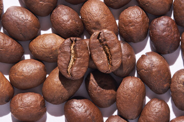 Fototapeta premium Coffee Beans Clustered Closeup Showing Central Split Seams On White Background Studio Macro Flat Lay For Packaging And Quality Inspection.
