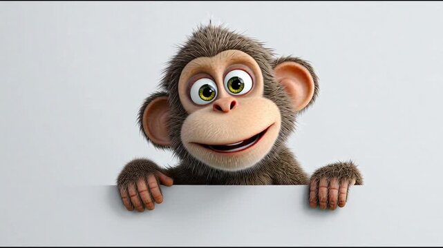 A cute cartoon monkey peeking over a white surface with a playful expression and big eyes