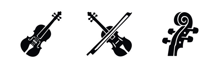 Minimalist black silhouettes of a violin, bow, and scroll. Elegant vector icons representing classical string instruments and orchestral music. © Lili