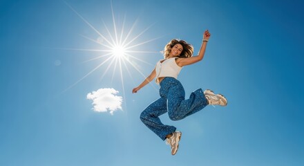 Obraz premium Joyful Young Woman Jumping High in the Air Against a Clear Blue Sky with Bright Sunburst