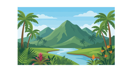 Obraz premium Full color vector illustration of tropical mountain landscape with palm trees and river