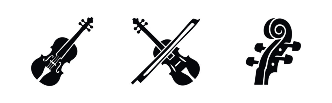Minimalist black silhouettes of a violin, bow, and scroll. Elegant vector icons representing classical string instruments and orchestral music.