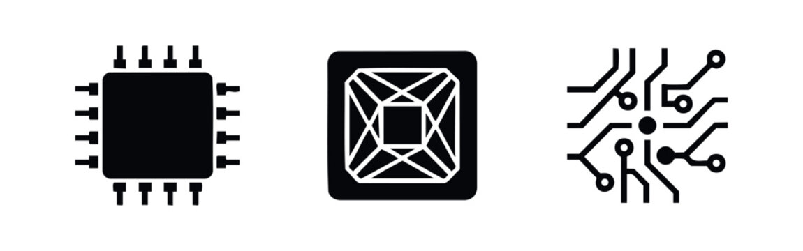 A set of three minimalist black icons representing electronic hardware: a microchip processor, a tech core, and a circuit board trace pattern.
