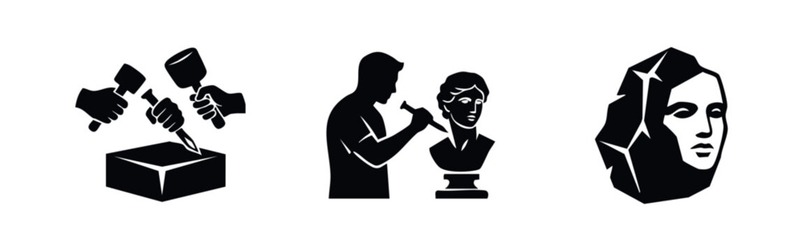 Minimalist black silhouette icons depicting stone carving, a sculptor at work on a classical bust, and a face emerging from raw rock.