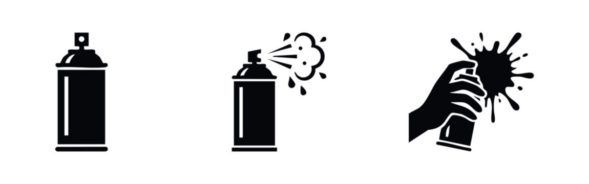 Set of three black spray paint can icons including a static can, spraying nozzle, and a hand with a splash. Ideal for graffiti and urban art themes.