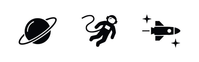 Set of minimalist black space icons featuring a ringed planet, a floating astronaut, and a rocket ship among stars on a white background. © Lili