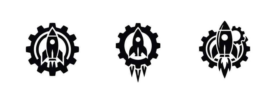 Set of three flat black icons featuring rocket ships combined with gears, symbolizing business startup, innovation, and industrial progress.