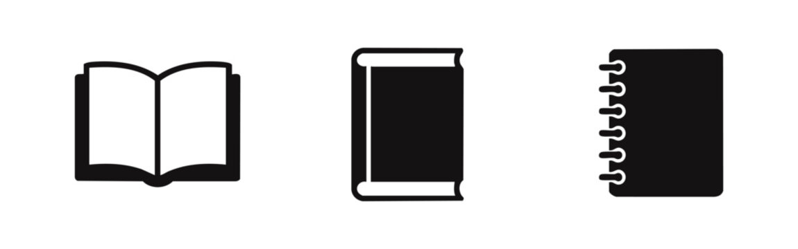 Set of black and white book icons featuring an open book, a closed hardcover book, and a spiral notebook. Minimalist vector design for education.