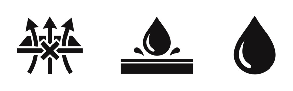 Professional vector icons for waterproof, water-repellent, and windproof material properties. Minimalist design for outdoor gear and apparel.