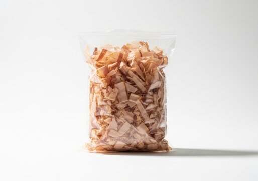 Japanese Dried Bonito Flakes Katsuobushi in Transparent Plastic Bag Packaging Isolated on White Background