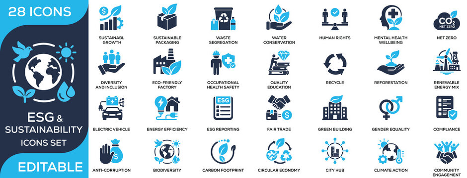 ESG and sustainability solid icon set featuring renewable energy, recycling, carbon footprint, green buildings, and eco-friendly business practices. Flat vector icons for ESG and environmental project