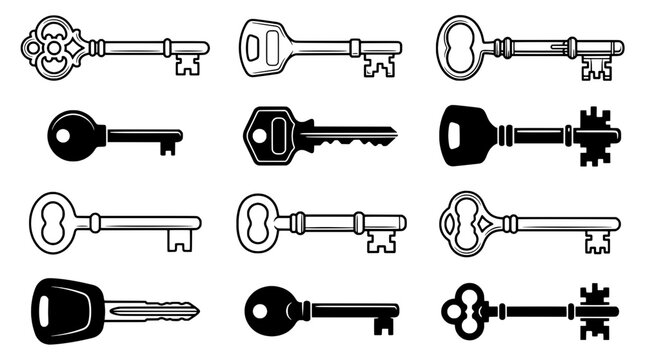 Keys icon set with keyrings, vintage lock shapes, and flat minimalist outlines for security, access, and authentication graphics
